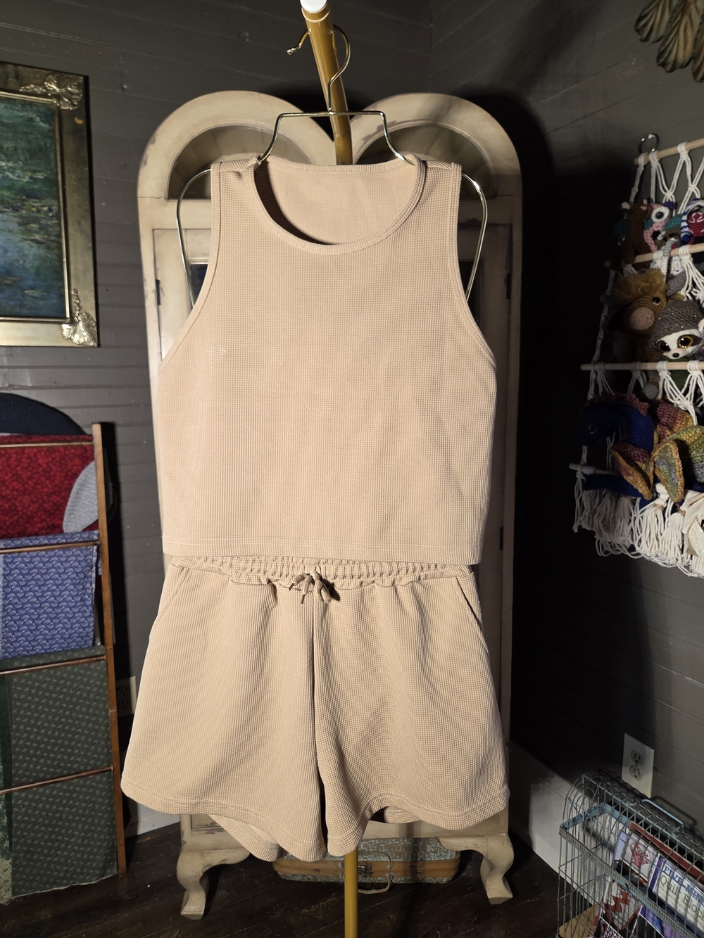 Beige Ribbed Tank & Drawstring Short Set - Women